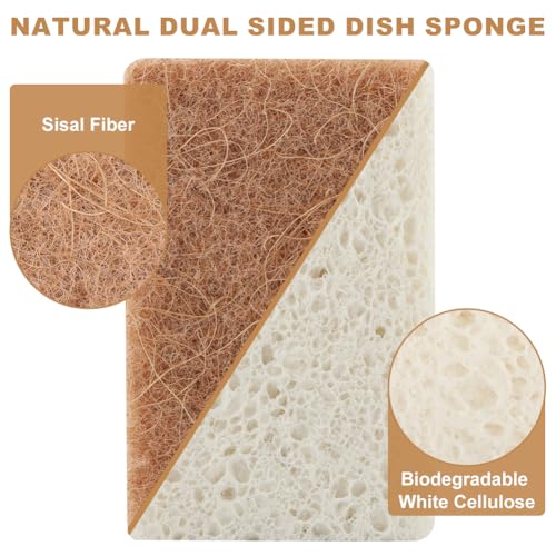 Image of 12pcs Natural Sponges for Dishes, Biodegradable Compostable Cellulose and Coconut Scrubber Sponge, Non-Scratch Reusable Cleaning Sponge for Removing Dirt and Oil in The Kitchen(Brown+White)