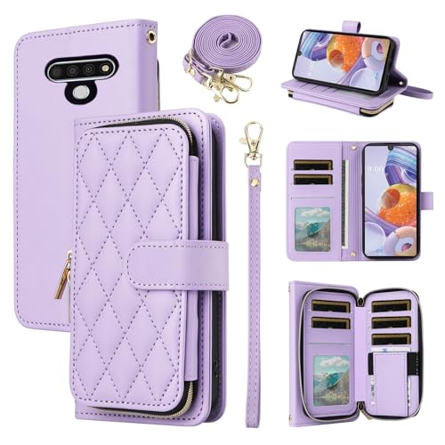 Furiet Argyle Wallet Case for LG Stylo 6/Stylo6 Plus/K71 Stylus with Wrist Strap Shoulder Strap, 9+ Card Slots Zipper Purse Stand Cell Phone Cover for LGStylo6 6+ 6plus Style 06 Six 2020 Purple