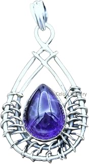 Solid 925 Sterling Silver Pendant For Men Women, Genuine Purple Amethyst Cabochon Pear Gemstone Unique Handcrafted February Birthstone Pendant