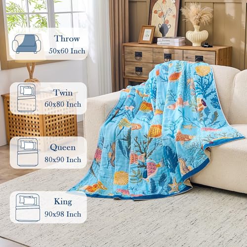Image of XIBLC Boho Throw Blanket 100% Cotton Vintage Blanket Muslin Woven Flower Decorative Throw Blankets All Season Bohemian Rustic Farmhouse Decor Quilt for Bed (Blue 90 inchx98 inch)