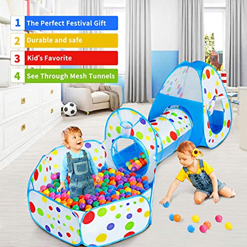 3 in 1 Kids Play Tent with Play Tunnel, Ball Pit, Basketball Hoop for Boys & Girls, Toddler Pop Up Playhouse Toy for Baby Indoor/Outdoor, Gift for Year Old Child (Blue Spots 3pc Play Tent)