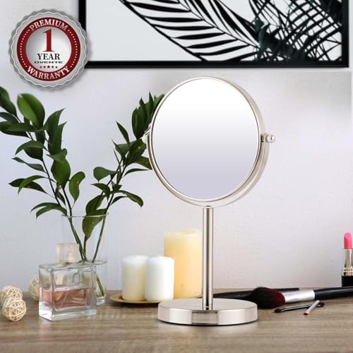 Image of OVENTE 6'' Tabletop Vanity Makeup Mirror, Nickel Brushed MNLT60BR1X7X | Double Sided Round Magnifying Table Mirror with 1X /7X Magnification, 360 Rotation, Perfect for Dresser Bedroom Office Travel