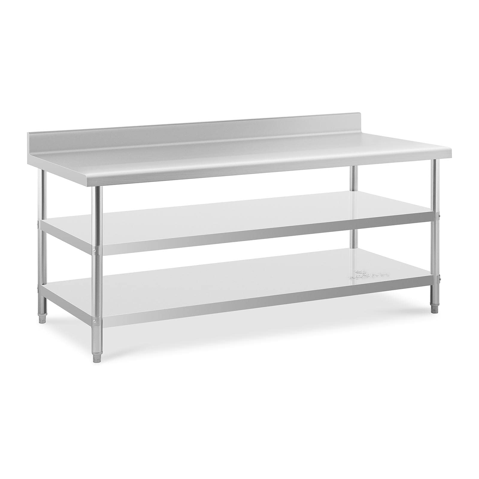 Royal Catering RCAT-200/90-SPS3SH - Tavolo da lavoro in acciaio INOX con alzata, 200 x 90 x 16,5 cm, 500 kg, 2 ripiani in acciaio INOX