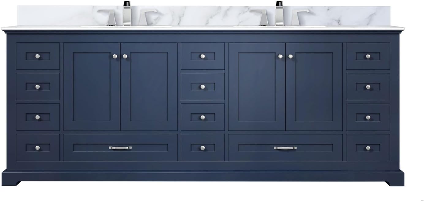 Dukes Navy Blue Bath Vanity Set - Double & Single Vanities, Marble Top & Faucet Included 84"/Carrara Marble Top