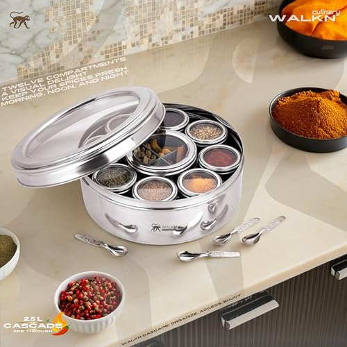 Image of WALKN 12 in 1 See Through Stainless Steel Masala box for Kitchen | Spice Box | Spice Organiser | Masala Daani | Masala Dabba with 9 Containers and Small Spoons | 2.5L