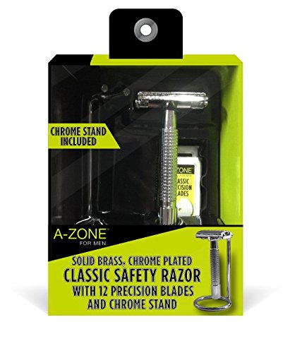 A-Zone For Men Solid Brass, Chrome Plated Classic Safety Razor With 12 Precision Blades & Chrome Stand