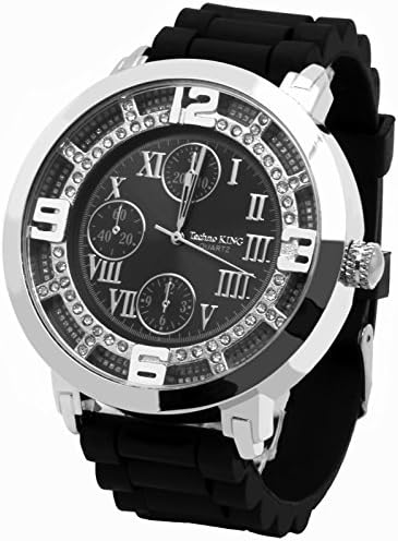Silver & Black Tone Flat Hip Hop Men's Techno King Wrist Watch Watches and Free Earrings Set