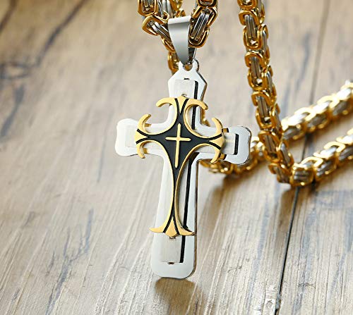 MEALGUET Stainless Steel Crucifix Cross Pendant Necklace,Men's Cross Necklace with Chunky Byzantine Chain/Rolo Chain, Gift for Men3