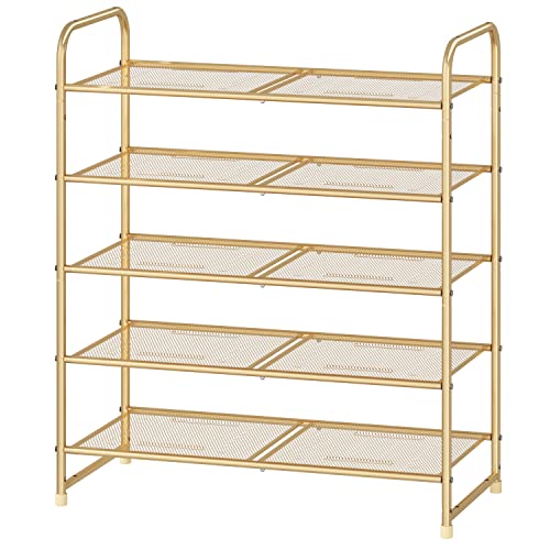 Image of Simple Trending 5-Tier Stackable Shoe Rack, Expandable & Adjustable Shoe Shelf Storage Organizer, Metal Mesh, Gold