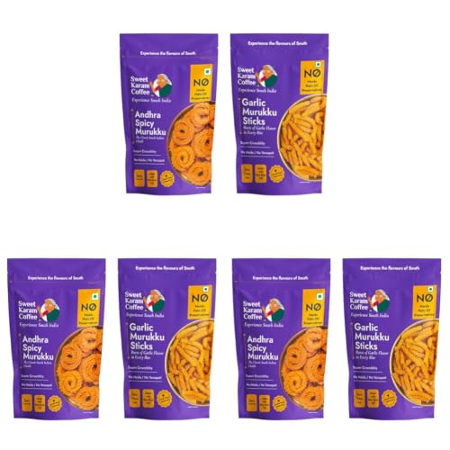 Image of Sweet Karam Coffee Andhra Spicy & Garlic Murukku Combo | No Palm Oil | No Preservatives | South Indian Chakli | Crispy & Crunchy Tea-Time Snack | Festive Special | Homemade Recipe | 95g x 6 Packs