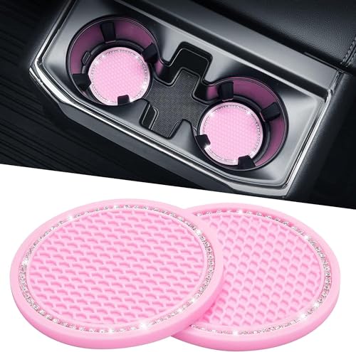 JOYTUTUS Cup Holder Coasters for Car, 2 Pack Universal Anti-Slip Car Coasters with Crystal Rhinestone, 2.75 inch/6.98 cm PVC Cup Holder Insert Coaster, Pink Car Accessories (Pink with Diamond)