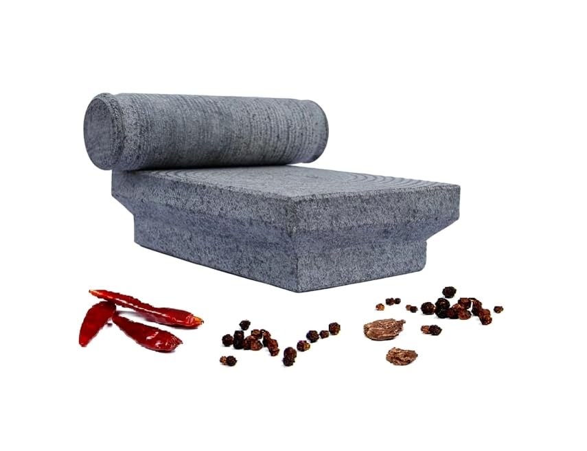 Stone Ammikallu Hand Grinder (7 x 6 inch), Mortar Pestle for Kitchen, Sil Batta, Khalbatta, Ammi Mixer, Natural & Traditional Grinder and Musal, Well Design for Kitchen (Grey)