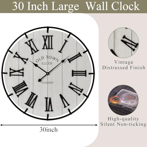 Image of EMAX HOME Large 30 Inch Farmhouse Wall Clock, Rustic Distressed Wooden Face with Black Metal Frame, Silent Non-Ticking Quartz Movement, for Living Room, Bedroom, Kitchen, and Home Office Decor