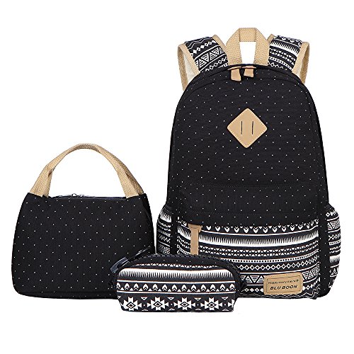 Bluboon Teens Backpack Set Canvas Girls School Bags Bookbags 3 in 1 (Polka Dot Black)