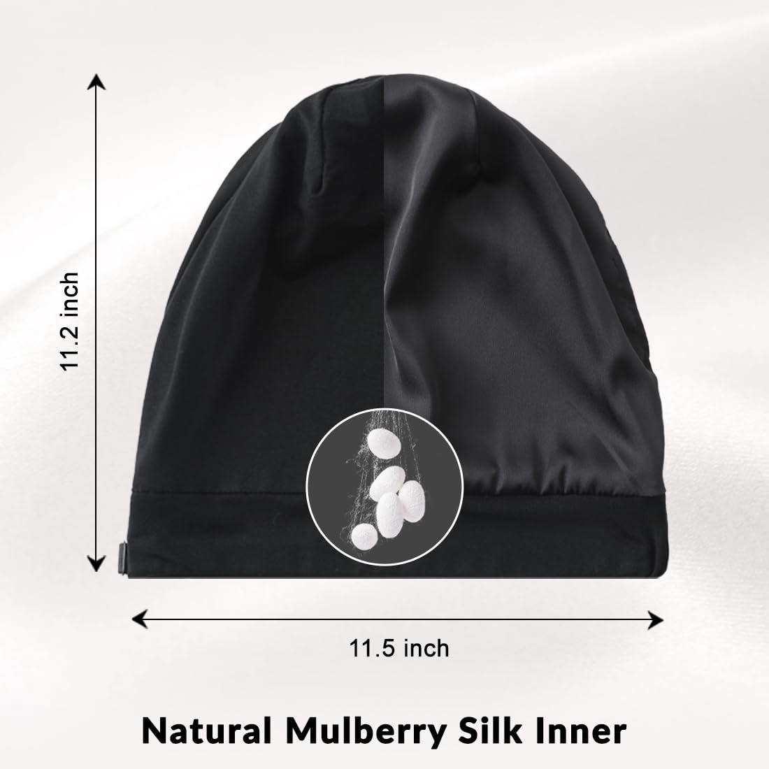 Bonnet de nuit en 100 % soie de mûrier pour femme - Bonnet de nuit en soie avec fermeture réglable - Bonnet souple à doublure en soie pour boucles et cheveux longs - Noir
