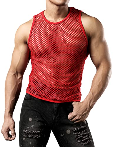 JOGAL Men's Mesh Fishnet Fitted Sleeveless Muscle Top Large WG01 Red