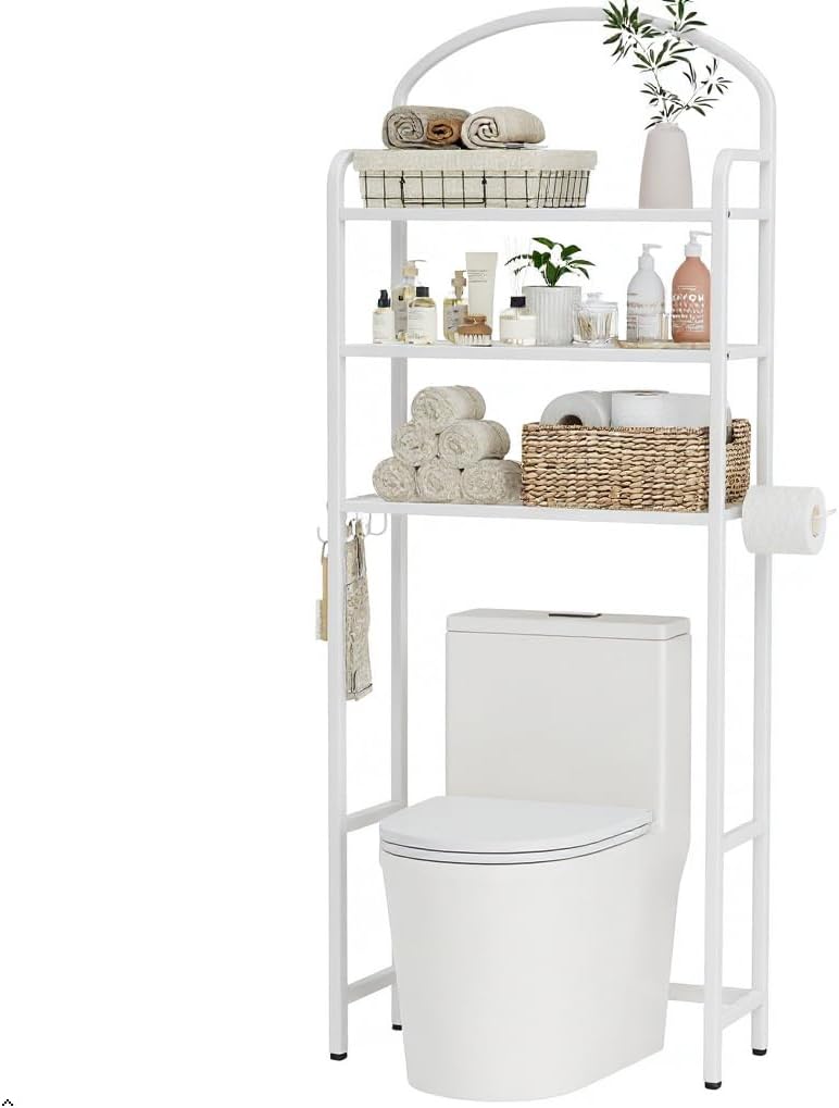 Over The Toilet Storage Rack, 3 Tier Bathroom Organizer with 4 Hooks & Paper Holder, Space Saver Metal Shelf for Bathroom Supplies, White Toilet Rack
