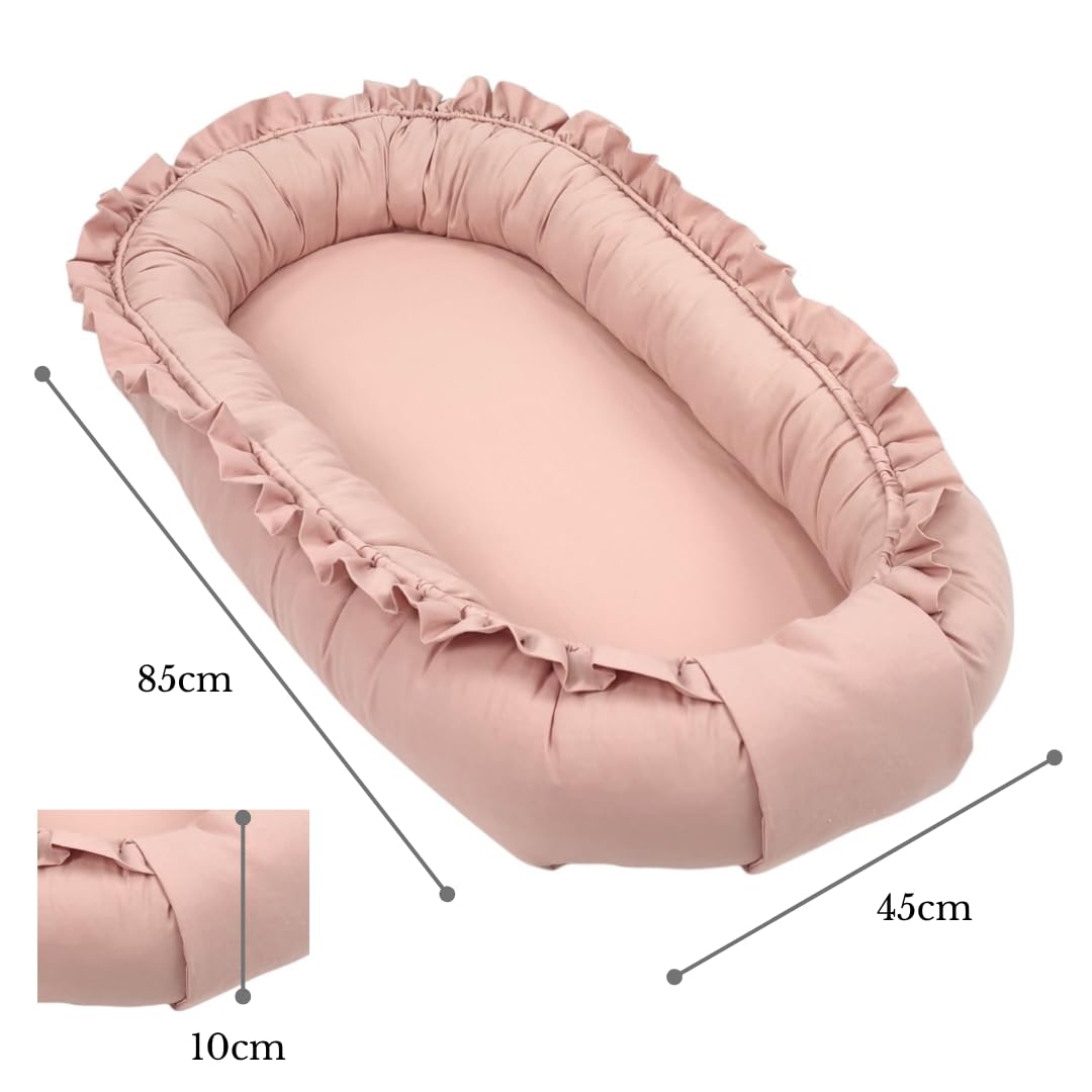 WIKLINOPOL Babynest per neonati – Nido per bebè 85x45 cm in rosa con volant – Nido portatile con materasso – Nido lavabile in 100% cotone – Sicuro per casa e viaggi