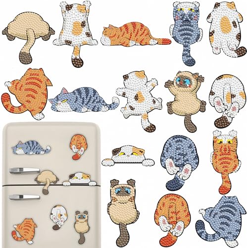 16 Pcs Funny Cat Diamond Art Magnets Kits Diamond Painting Fridge Magnet Refrigerator Sticker Diamond Painting kit for Beginners Adults