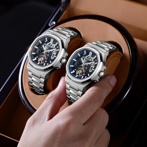 Image of ROCOSJEWE Classic Luxury Blue Dress Watch for Men, Automatic Mechanical Wristwatch, Water-Resistant, Date Display, Luminous Skeleton Dial, Stainless Steel Bracelet, Gift for Men R0139