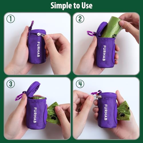 Image of FURHAB Dog Poop Bag Holder for Leash Doggie Waste Bag Dispenser Soft Fabric Puppy Potty Carrier Small Doggy Zipper Pouch with Carabiner Clip 1680D Nylon Oxford with 1 Roll of Pet Trash Bags, Purple