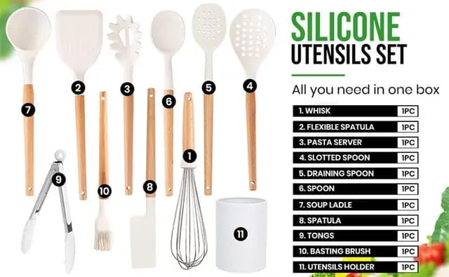 Image of Oren Empower Set of 10 Pcs Silicone Spatula with Wooden Handle for Cooking, Baking & Mixing /Non-Stick Bpa Free /Heat Resistant Item, Non Toxic Silicon Cookware Tools - White