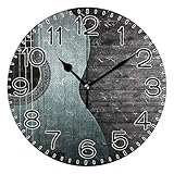 Blue Acoustic Guitar Gray Wooden Wall Clock Battery Operated Non Ticking Silent Quartz Analog Rustic Farmhouse Round Clock Retro Decor for Home Kitchen Living Room Bathroom