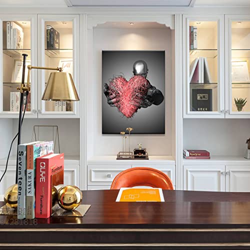 Framed Love Red Heart 3D Metal Sculpture Effect Romantic Couple Living Room Canvas Wall Art, Black And White Modern Abstract Embrace Lovers Painting Picture Poster Print Bedroom Living Room Bathroom Hotel Valentine's Day Ready To Hang 12X16Inch #TOP4