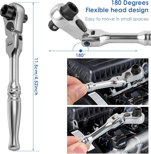 Image of NIHUIFDPY 1 /4 inch Mini Ratchet Wrench & Bit Driver, 2 in 1 Flex Head Stubby Ratchet Handle with Reversible Switch, 72-Tooth 5 Swing Arc for Tight Spaces, Chrome Vanadium Steel, 115mm