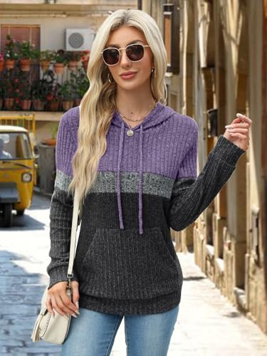MixShe Women’s Color Block Knit Hoodie – Casual Long Sleeve Pullover Sweater Tops with Pocket