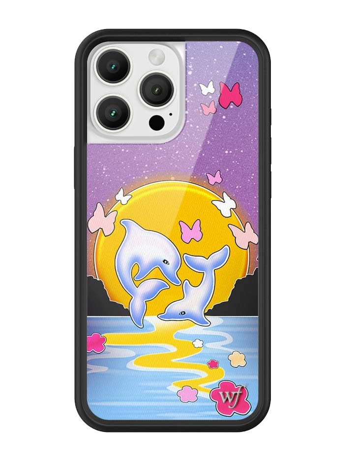 Image of Wildflower Cases - Compatible with iPhone 16 Pro Max | Protective Black Bumper, 6.5ft Drop Test Certified, Women Owned Small Business | Dolphin Sunset