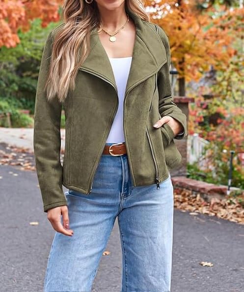 Women's Suede Moto Jacket Long Sleeve Zip Up Open Front Cropped Coat Outerwear with Pockets Y2K Fall Fashion Outfits2