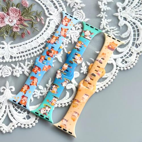 Image of Slim Cute Cartoon Band Printed Compatible with Apple Watch Bands 49mm 46mm 45mm 44mm 42mm 41mm 40mm 38mm Women, Silicone Adorable Printed Fadeless Pattern Design Strap for iWatch Series 11 10 9 8 7 6 5 4 3 2 1SE Cat