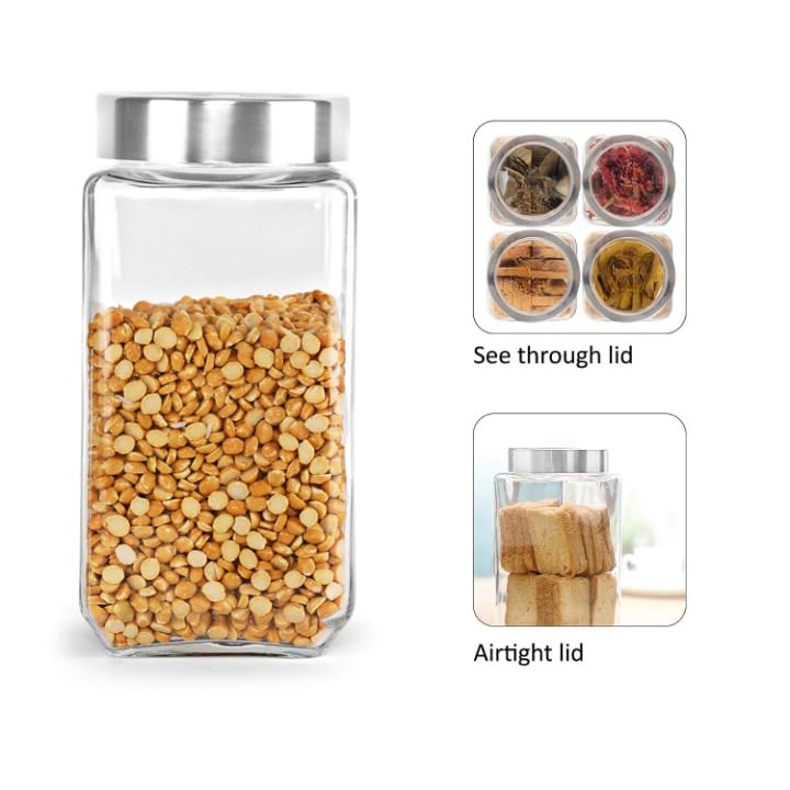 Image of SITOVI Premium Qube Glass Jars - 2 x 1000ml Airtight Containers | Stylish, Stackable, Transparent Kitchen Storage for Dry Fruits, Pulses, Snacks