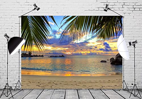 BELECO Sunset Beach Backdrop 7x5ft Fabric Summer Tropical Sea Palm Tree Hawaii Scenery Background Birthday Wedding Party Decor Baby Shower Photoshoot Prop Kids Adults Family Portrait Photo Prop by BELECO - Image 2