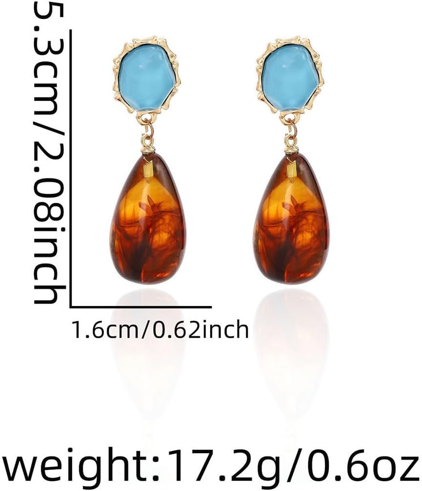 Vintage Amber Teardrop Dangle Earring Lightweight Big Waterdrop Resin Statement Drop Dangling Stud Earrings Retro Antique Holiday Birthday Theme Party Jewelry Gifts for Women - Image 5