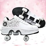 ローラースケートシューズとスニーカー 2 in 1、ローラーシューズ 大人、変形roller skates shoes、収納可能なスケート靴、クワッドスケート、ローラーシュ ーズしまえる、ユース男の子と女の子、成人した (ホワイトピンク, 23.3cm)