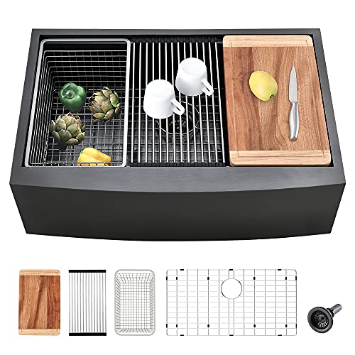 33 Black Farmhouse Sink - VASOYO 33x22 Matte Black Stainless Steel Farmhouse Apron Front Kitchen Sink Workstation 16 Gauge Gunmetal Single Bowl Farm Kitchen Sink with Cutting Board