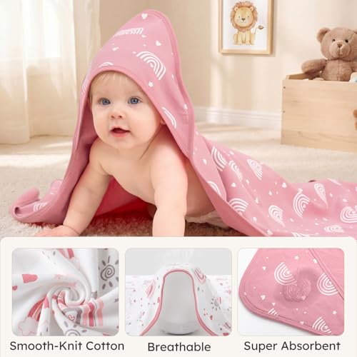 Image of Baby Girl Bath Towels for Newborn, 100% Cotton Hooded Baby Towels for Infant Toddler, 2 Pack Bath Towels with Hood for Kids, 32x32 Inch Soft & Absorbent Knit Terry Bath Essentials Pink Rainbow