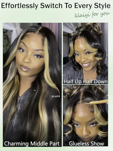 Image of KLAIYI Ombre Highlight Blonde Loose Body Wave Bye Bye Knots Glueless Wigs Human Hair 7x5 Precut Lace Front Pre Plucked Bleached Ready to Wear Go Wig with Face Framing Curtain Bang Caramel Brown 26Inch