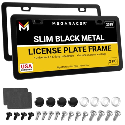 Premium Slim Matte Black License Plate Frames 2 Pack Rust-Free Stainless Steel & Rattle-Free Street Legal Universal with Screw Caps Thin Metal Front & Rear Car Tag Holders for Men & Women