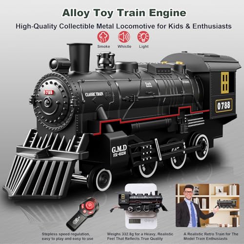 Image of Electric Train Sets Remote Control for Kids Metal Alloy Christmas Train Toys Steam Locomotive Glowing Passenger Carriages Luxury Tracks Light & Sounds Rechargeable Birthday Gifts for Boys Girls Red