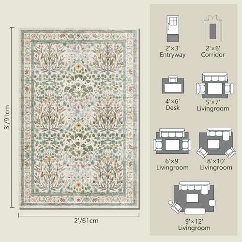 Image of Non-Slip Washable Entry Rug 2x3, Vintage Floral Indoor Front Door Mat for Entryway, Bathroom & Kitchen