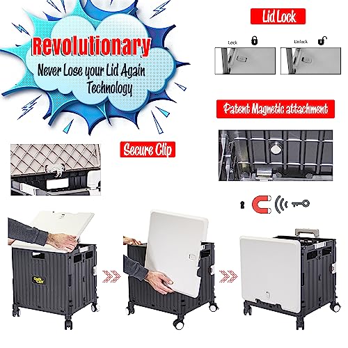 Image of dbest Products Quik Cart Swing Lid Four Swivel Wheeled Rolling Crate Teacher Utility with seat Heavy Duty Collapsible Basket with Dual Telescopic Wagon Handle