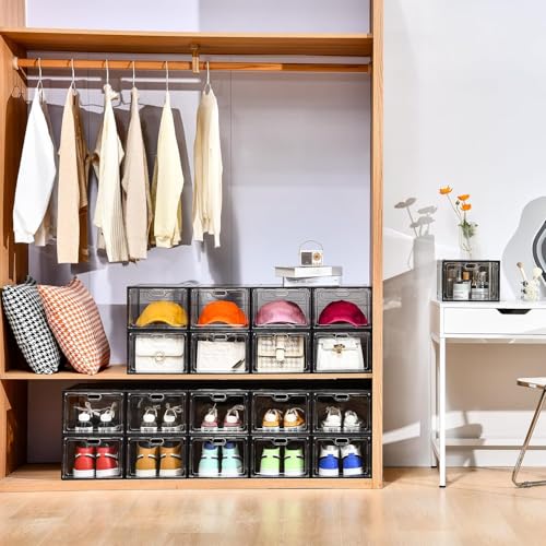 Image of INSTY 12 Pack Gray Transparent Shoe Storage Organizer, Stackable Shoe Boxes for Closet, Drop Front Plastic Shoe Box with Grey Door, Easy to Assemble, Fit up US Size 12(13.4 inchx 9.8 inchx 7.1 inch)