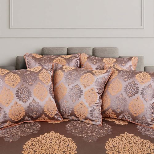 Image of Victor Poly Cotton Styria Satin Geometrical Pattern Diwan Set - 8 Pcs (Greyish Beige, Bed Cover - 60 inchx90 inch, 2 Bolsters - 16 inch x 32 inch & 5 Cushion Covers - 16 inch x 16 inch)