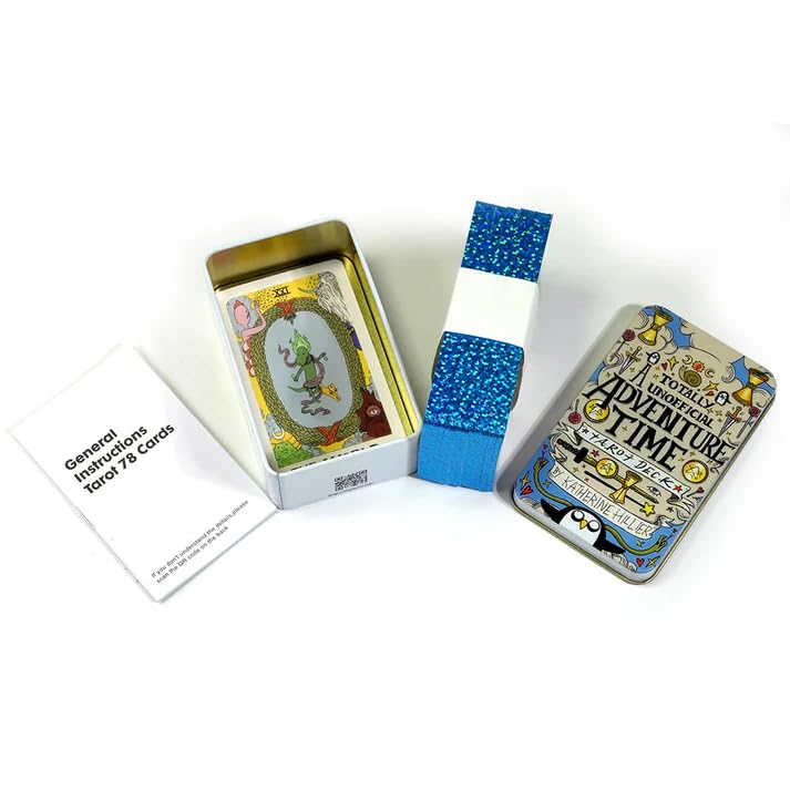 Image of DUNGRANI ENTERPRISE Totally Unofficial Adventure Time Tarot Card Game in A Tin A 78-Card Deck with Guidebook Gilded Golden (Limited Edition) 400 GSM Gold Core Cardstock for Adults