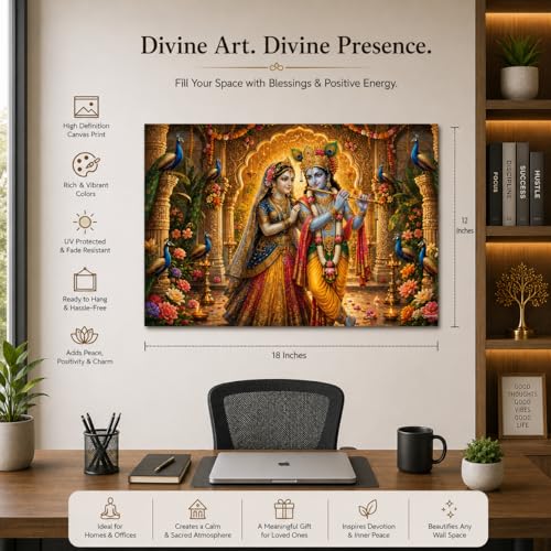 Image of Rangoli Radha Krishna Self Adhesive Poster 18x12 Inch | Divine Hindu God Wall Sticker Poster with Peacock Design for Home Temple Pooja Room Living Room Bedroom Decor