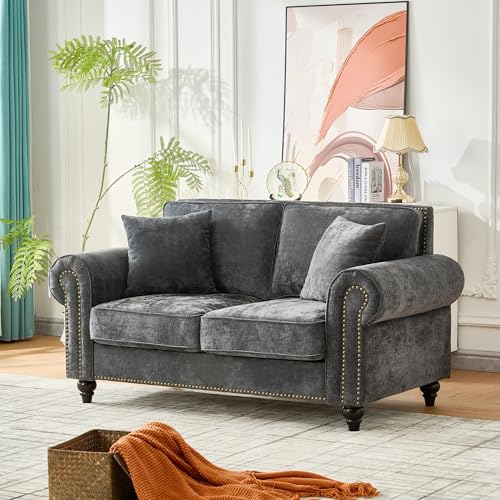 Image of KEIKI 64 inch Oversized Chenille Loveseat Sofa with Rolled Arms and Nailhead Trim, Upholstered Modern Style 2-Seater Couch with High-Density Foam Cushions, Easy Assembly, for Apartment, Living Room, Grey