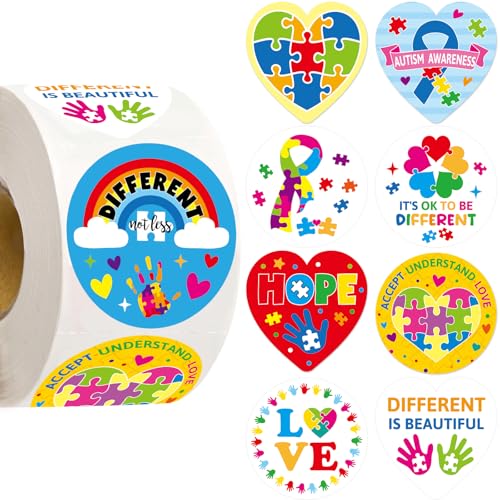 WorldBazaar 500Pcs Autism Awareness Stickers Roll Adhesive Autism Awareness Month Sticker for Kids Adult Teenagers Handout Supplies Motivational Gifts Bulk